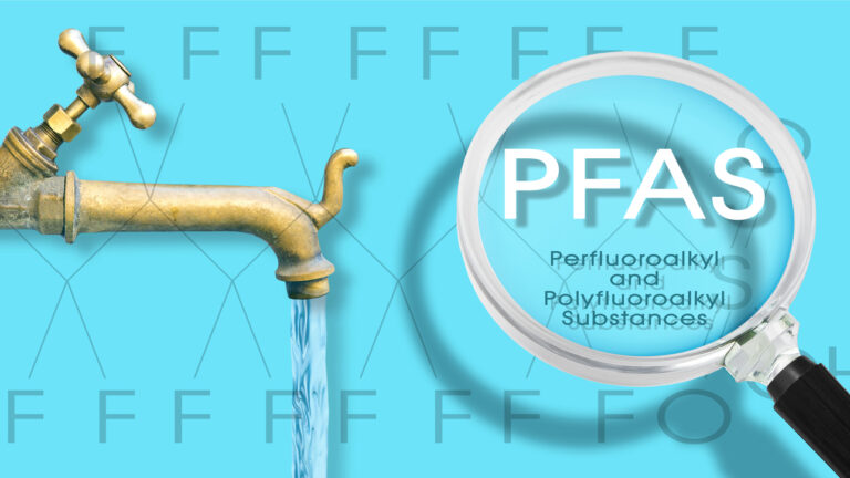 Image shows water from faucet with the letters PFAS under a magnifying glass.