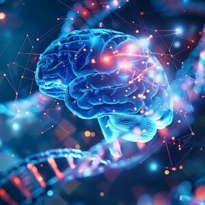 An abstract illustration of a brain and DNA strands