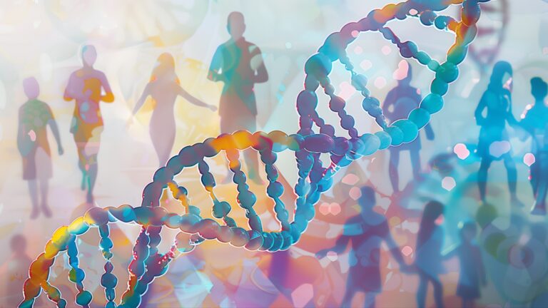 Collage illustration of DNA strands and people