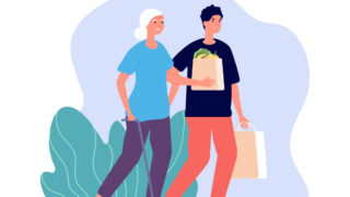 Social work. Man helping grandmother, young boy carries food elderly lady. Family characters or volunteering vector illustration. Social care volunteer, grandmother character, assistance and support