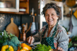 Woman cooking with vegetables.