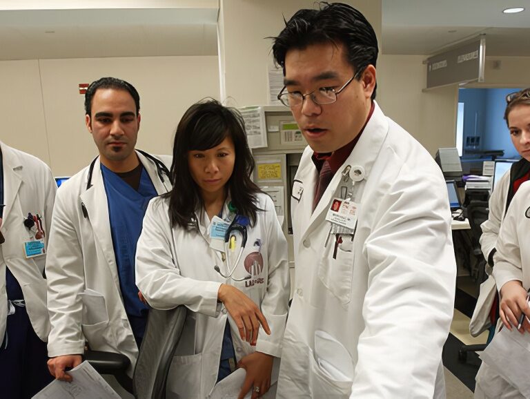Residents and attending physician working.