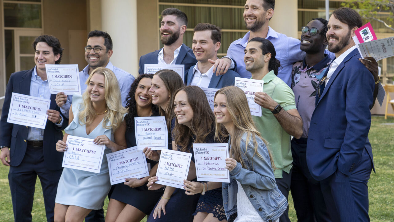 Keck School of Medicine of USC students display their Match Day certificates 