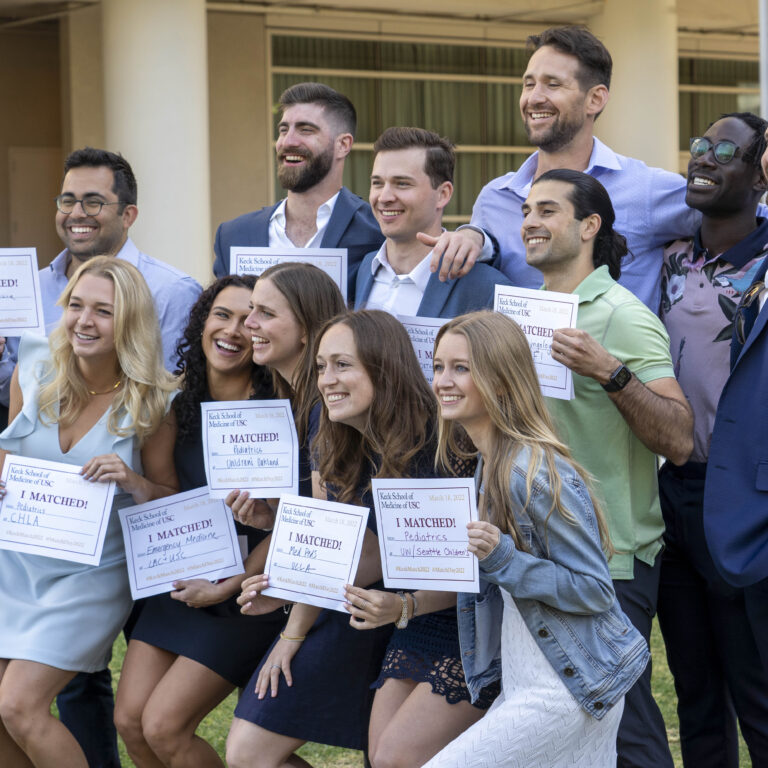 Keck School of Medicine of USC students display their Match Day certificates
