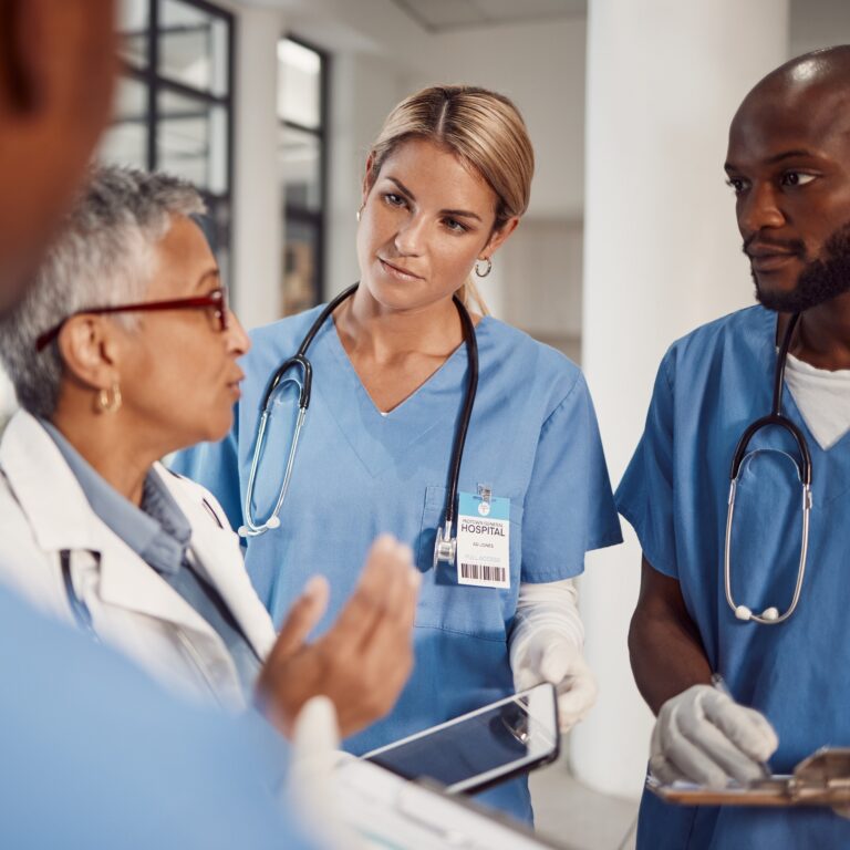 Group of doctors, planning management in hospital and workflow of medical student with training manager on tablet. Nurses, professional healthcare people and technology for surgery problem solving