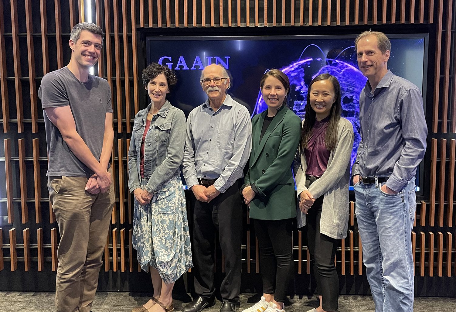 The GAAIN team, (L-R) Ioannis Pappas, PhD, Assistant Professor, Karen Crawford, MIS Manager, Arthur W. Toga, PhD, Director, Sidney Taiko Sheehan, Communications Manager, Cally Xiao, PhD, Project Specialist, Scott Neu, PhD, Assistant Professor