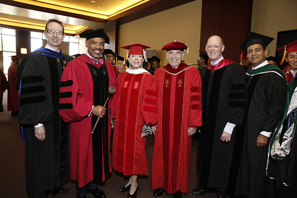 From left, USC Provost Michael Quick, Henri Ford, Gayle Roski, Edward Roski, Paul Farmer and Keck School of Medicine of USC Interim Dean Rohit Varma, seen before the medical students' commencement ceremonies May 14, 2016 at the Galen Center. 5/14/16 Los Angeles, CA Keck School of Medicine of USC Commencement Photo by: Steve Cohn www.stevecohnphotography.com (310) 277-2054 © 2016