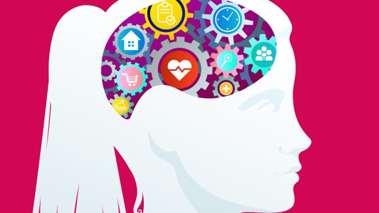 Illustration of a woman's head with gears inside the brain area