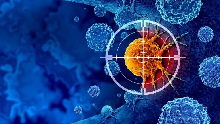 Cancer detection and screening as a treatment for malignant cells with a biopsy or testing caused by carcinogens and genetics with a cancerous cell as an immunotherapy symbol as a 3D render.