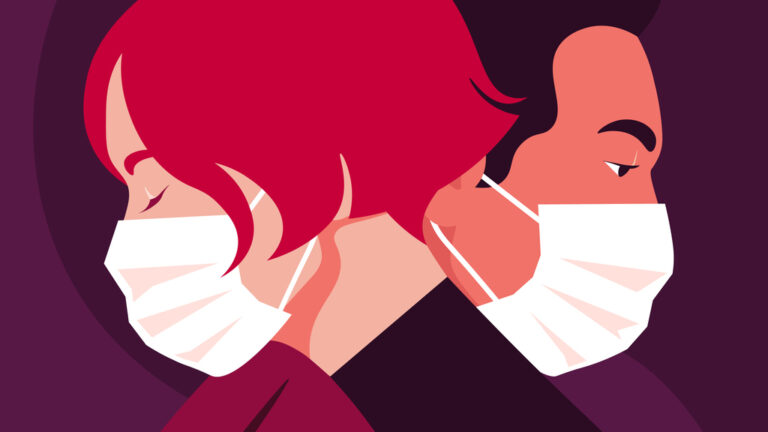 Profiles of people. Faces of woman and man wear medical masks. Date. Coronavirus. Love in the distance.