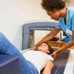 Woman undergoing a bone density scan