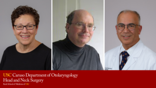 From left to right: Co-Division Chiefs of Research: Carolina Abdala, Ph.D., Christopher Shera, Ph.D., and Division Chief of Head and Neck Surgery: Uttam Sinha, MD, MS, FACS.