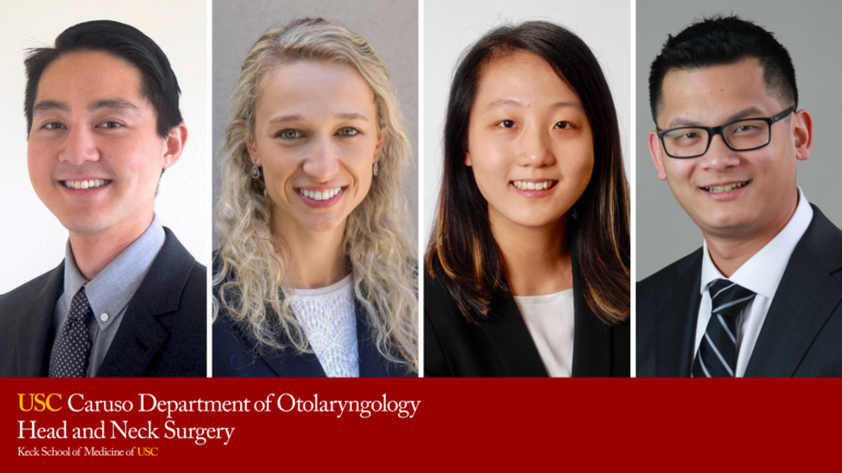 2024 USC Caruso Department of Otolaryngology - Head and Neck Surgery chief residents (from left to right): James Kim, MD, Marta Kulich, MD, Alison Yu, MD, and Sheng Zhou, MD.