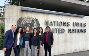 student pose outside the United Nations