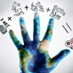 hand painted as earth with fingers indicating different elements of climate change