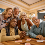 Image of a group of diverse adults over 50 years taking a selfie at a table