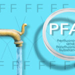 Image shows water from faucet with the letters PFAS under a magnifying glass.