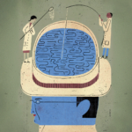 Illustration of two doctors with a fishing pole and a net looking over the brain