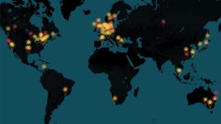 Image shows ENIGMA map of bipolar depression marked with yellow dots and major depression marked with red dots.
