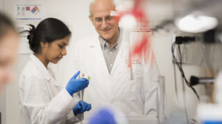 Two individuals in lab coats and gloves collaborating on a scientific project in a laboratory setting.