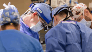 Surgeons in scrubs and masks working together in an operating room, concentrating on a surgical operation.