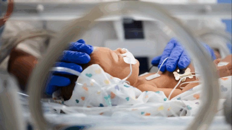 A baby in an incubator wearing a blue glove, surrounded by medical equipment in a neonatal care unit.