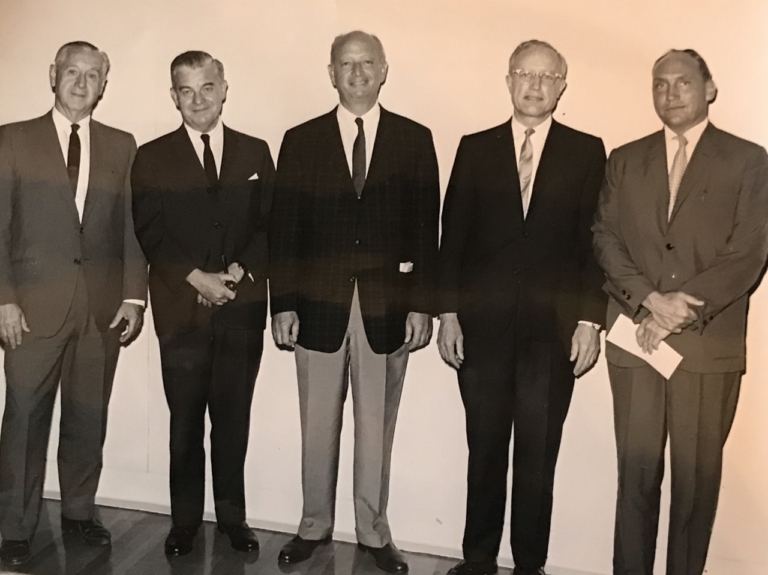 Lt. to art. Al Miller, Victor Goodhill, Howard House, Leland House (no relation) and unknown. The 3 on the left founded Salerni Collegium at USC