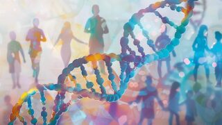 Illustration of DNA and silhouettes of people