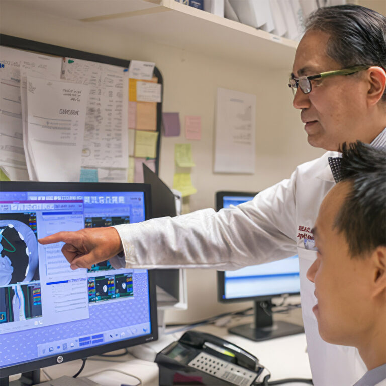 Faculty member and student confer