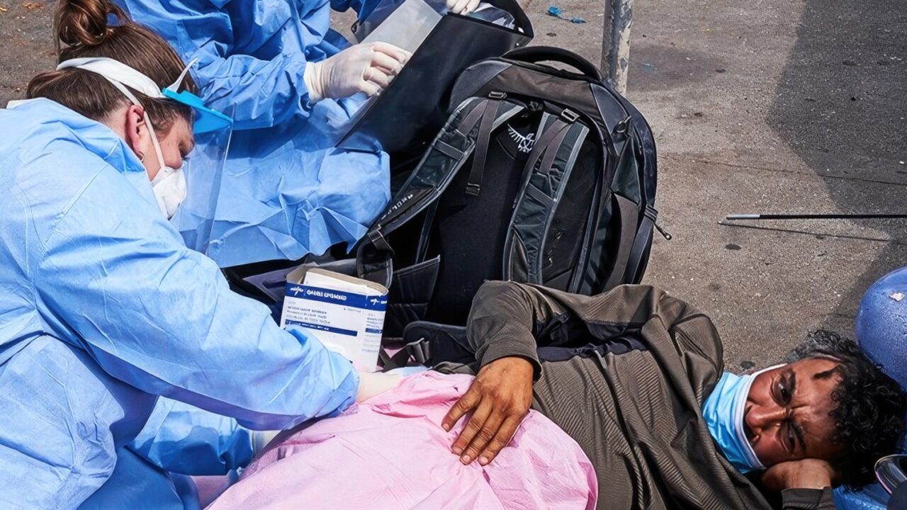 Two USC Street Medicine staff attend to male patient.