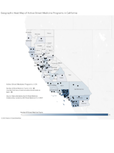 A map of california with blue areas that represent where there are active street medicine programs in the state.