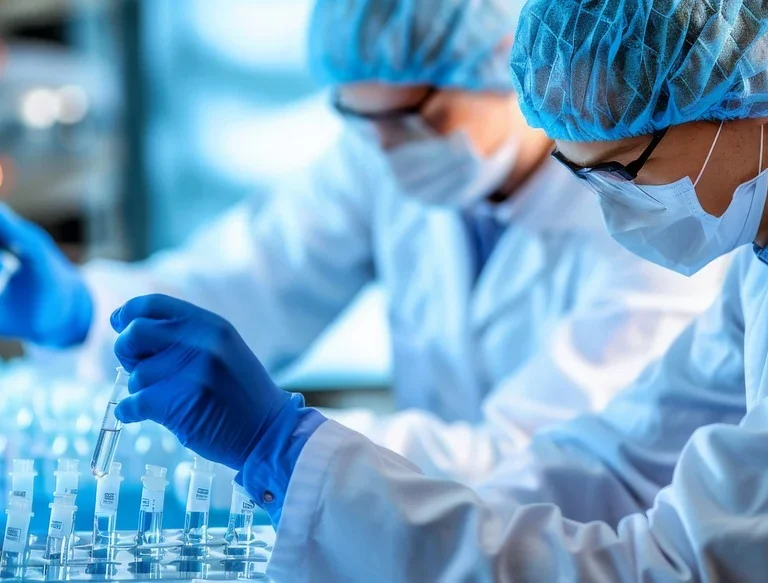 two researchers in a lab wearing masks and handling test tubes