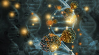 Cancer cells on scientific background.3d illustration