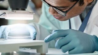 Postdoc adjusts a slide under a microscope